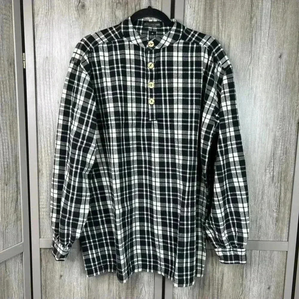 J. Peterman Shirt Medium Flannel Plaid Poet Henley Grandfather Colonial Band